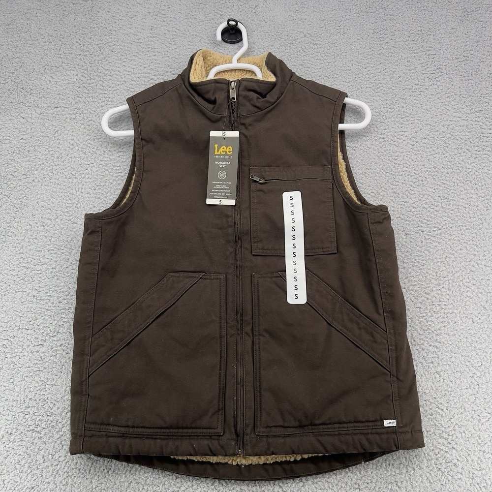 Lee Workwear Sherpa Lined Jacket Vest Mens Small Brown Canvas Pockets NWT$70.00